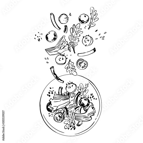 Salad toss. Cherry tomatoes, beans, arugula, cheese. Vector sketch of food in ink on a white background.