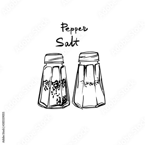 Glass jars salt and pepper. Vector sketch of food in ink on a white background. photo