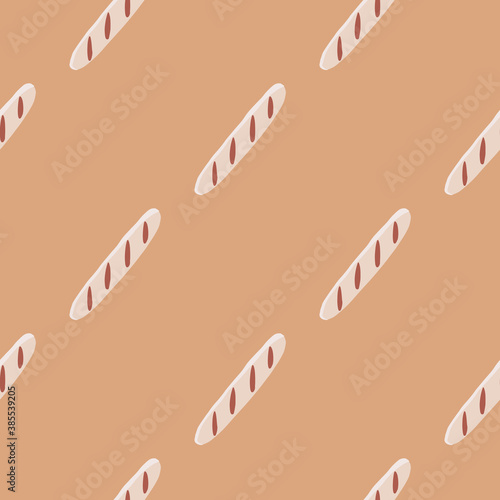 Minimalistic food bakery seamless patetrn with baguette ornament. Diagonal bread shapes elements on beige background. photo