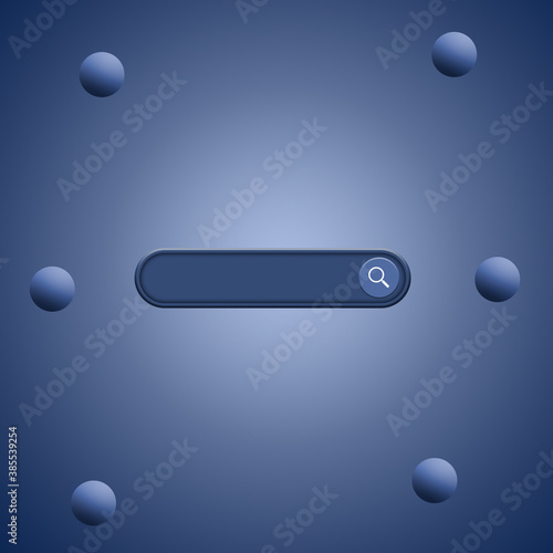 Search Bar for ui, design and web site, social media with balls around. Search address and navigation bar icon. Social media search icon. 3d render