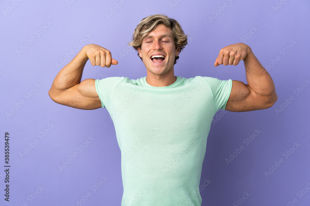 English man over isolated purple background doing strong gesture English man over isolated purple background doing strong gesture