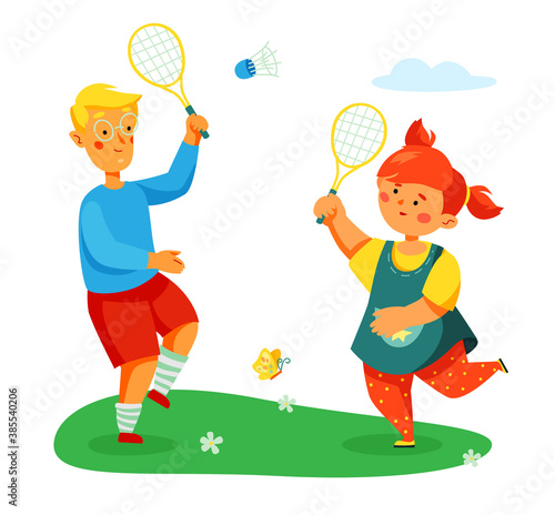 Children playing badminton - colorful flat design style illustration