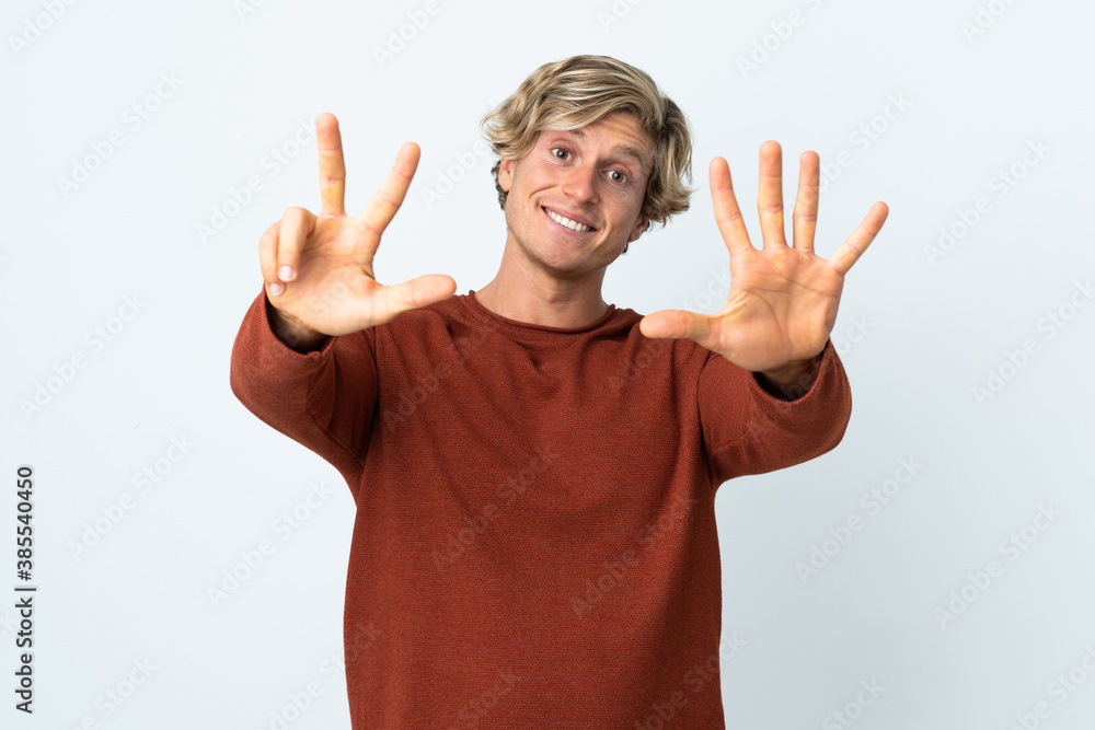 English man over isolated white background counting eight with fingers English man over isolated white background counting eight with fingers
