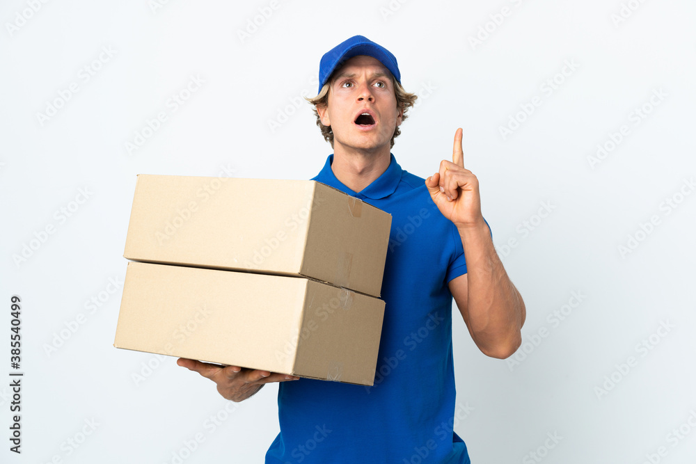 Delivery man over isolated white background thinking an idea pointing the finger up Delivery man over isolated white background thinking an idea pointing the finger up