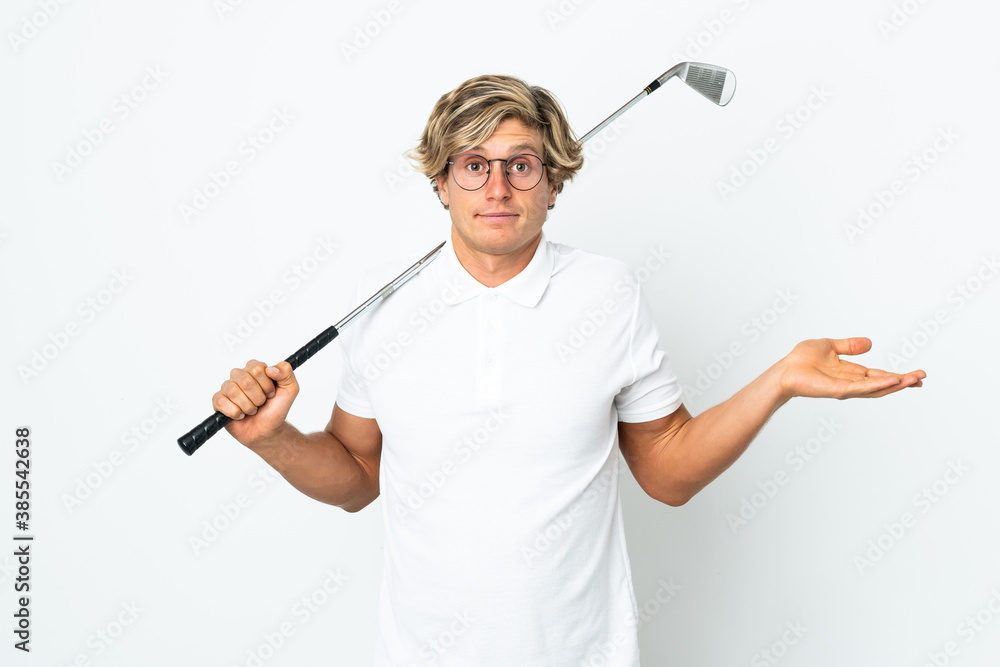 English man playing golf having doubts while raising hands English man playing golf having doubts while raising hands