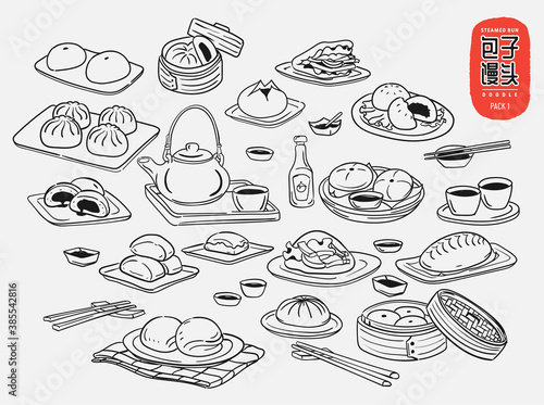 Set of Chinese steamed bun doodle with hand drawn line style. Chinese cuisine menu vector illustration. chinese text translation "steamed bun".