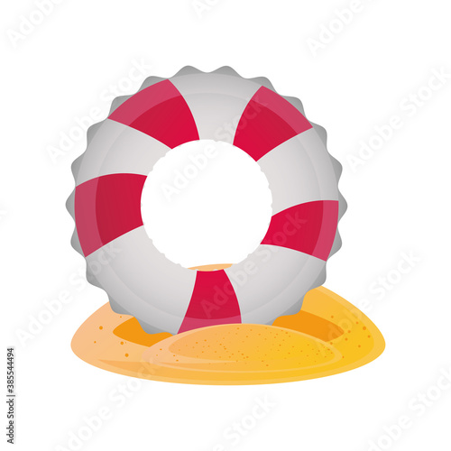 summer vacation travel, lifebuoy in the beach sand detailed style