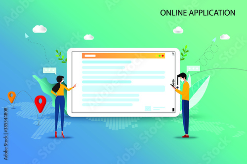 Online application concept, young man and woman are searching in the internet by using tablet to find a course to apply in the university and or job application after graduation.