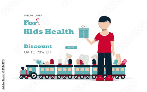 Big Christmas sale of medicines for chidren. Black Friday discounts for a website, pharmacy, store, or app with medical and pharmaceutical products. Bright holiday banner with pills, little boy, toys