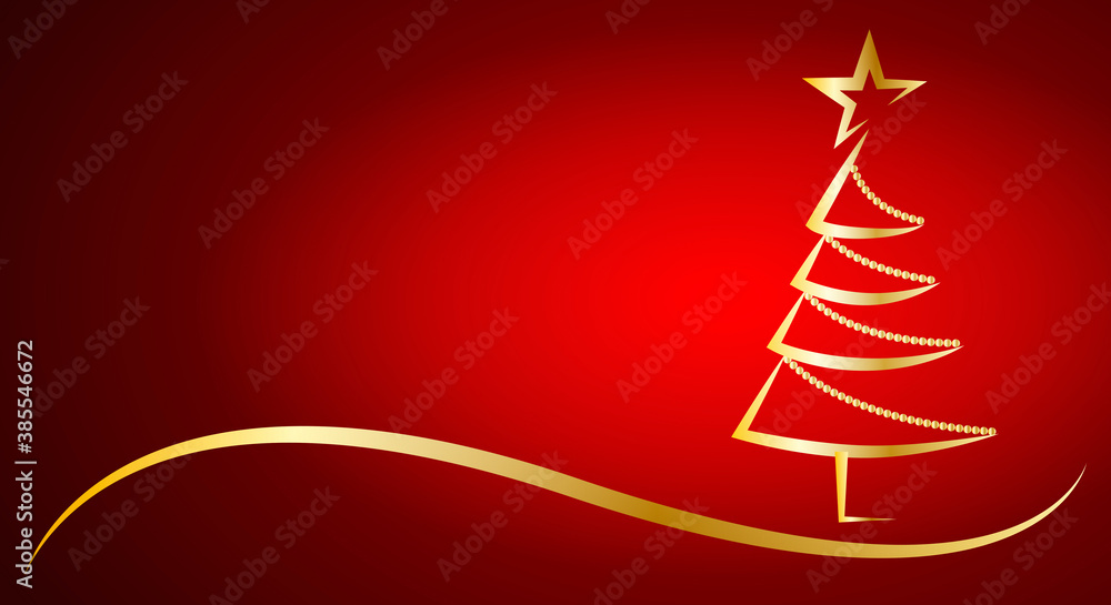 Postal roja de navidad con árbol de navidad moderno dorado.