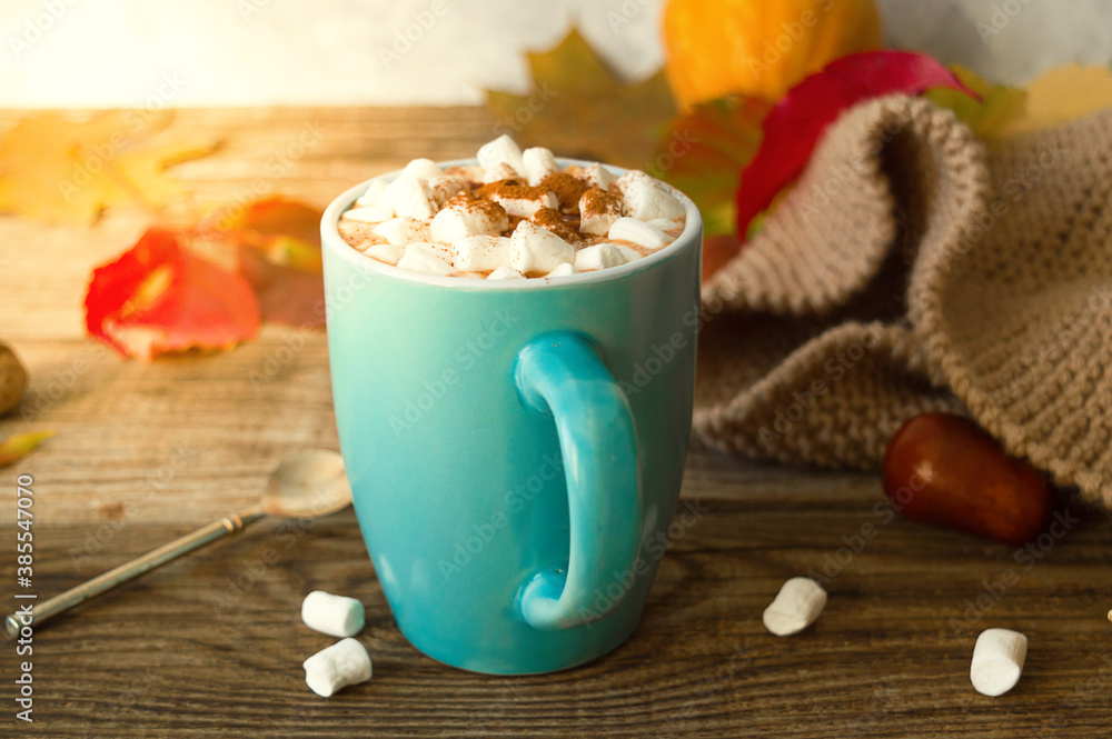Hot cocoa with marshmallows in a blue ceramic mug with autumn leaves and pumpkins on a wooden table. The concept of hygge, cozy autumn, Thanksgiving, fall. Hot drinks.Autumn Still Life Hot cocoa with marshmallows in a blue ceramic mug with autumn leaves and pumpkins on a wooden table. The concept of hygge, cozy autumn, Thanksgiving, fall. Hot drinks.Autumn Still Life