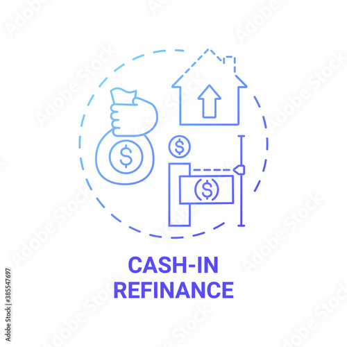 Cash-in refinance concept icon. Mortgage refinance type idea thin line illustration. Monthly payment. Paying down mortgage costs and lower loan balances. Vector isolated outline RGB color drawing