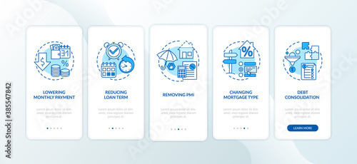 Mortgage refinance benefits onboarding mobile app page screen with concepts. Lowering monthly payment, PMI walkthrough 5 steps graphic instructions. UI vector template with RGB color illustrations