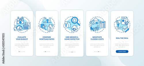 First-time homebuyer tips onboarding mobile app page screen with concepts. Budgeting, hire home inspector walkthrough 5 steps graphic instructions. UI vector template with RGB color illustrations