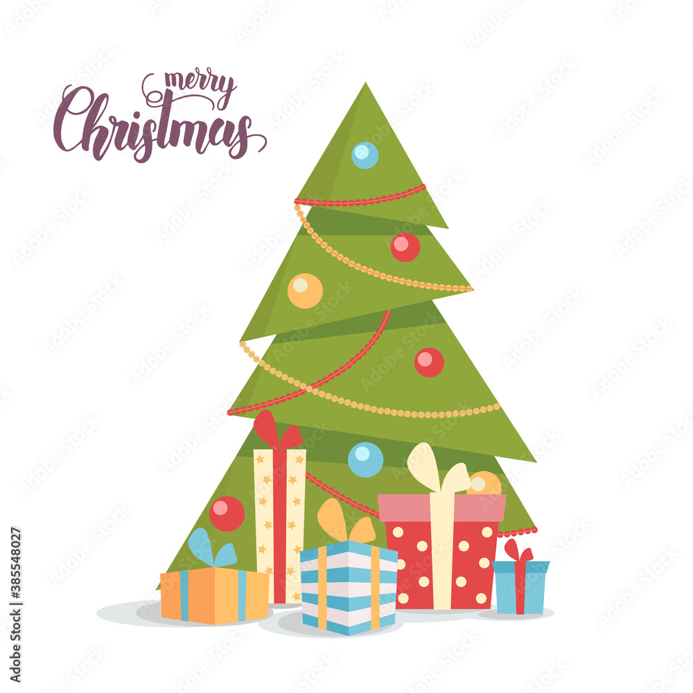 Decorated X mas tree with gift boxes isolated on white. Flat style illustration. Happy New Year and merry  Christmas. Hand made Lettering