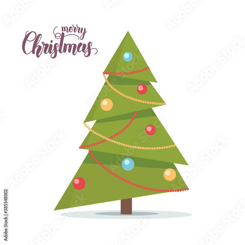 Decorated X mas tree isolated on white. Flat style illustration. Happy New Year and merry  Christmas. Hand made Lettering