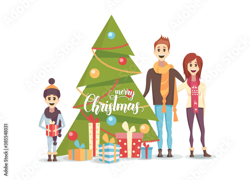 Happy family with Decorated X mas tree with gift boxes isolated on white. Mom, dad and son are dressed in scarves. Family smiles and joy. Flat style vector illustration.  Merry Christmas and New Year