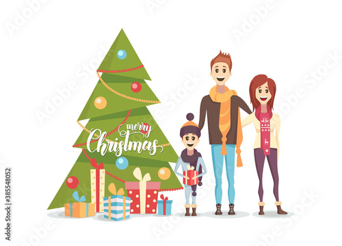 Happy family with Decorated X mas tree with gift boxes isolated on white. Mom, dad and son are dressed in scarves. Family smiles and joy. Flat style vector illustration.  Merry Christmas and New Year