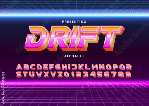 Retro Futuristic 80s font style. Vector alphabet with chrome effect template for game title, poster headline, old style