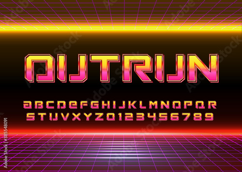Retro Futuristic 80s font style. Vector alphabet with chrome effect template for game title, poster headline, old style