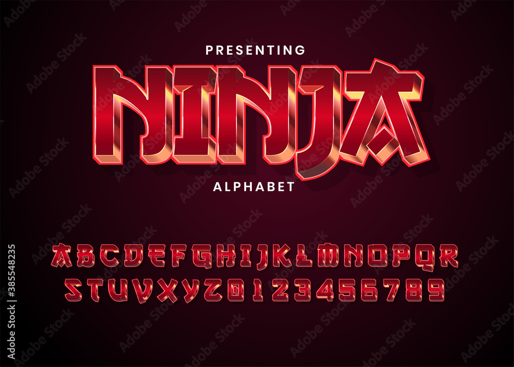3d modern red metallic game style font alphabet collection. Ninja game logo title template. Realistic metal font. Shiny metallic letters with shadows, chrome text and metals alphabet.