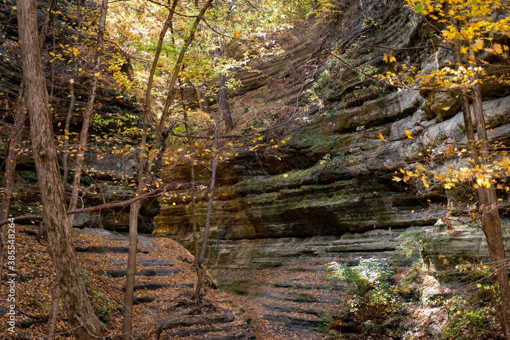 Autumn in Starved Rock State Park, a wilderness area on the Illinois River in the U.S. state of Illinois. Steep sandstone canyons formed by glacial meltwater. Utica. Autumn in Starved Rock State Park, a wilderness area on the Illinois River in the U.S. state of Illinois. Steep sandstone canyons formed by glacial meltwater. Utica.