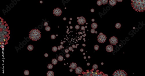 Coronavirus cells COVID-19 Infectious disease on black background. Fast transmission of disease. High concentration of coronavirus. 3D rendering with alpha chanel 3D illustration