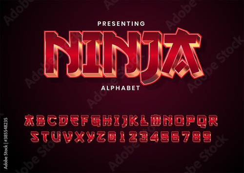 3d modern red metallic game style font alphabet collection. Ninja game logo title template. Realistic metal font. Shiny metallic letters with shadows, chrome text and metals alphabet.