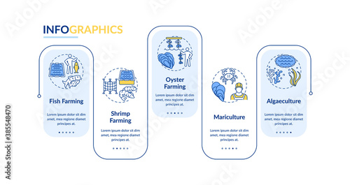 Aquaculture vector infographic template. Fish growing farm types presentation design elements. Data visualization with 5 steps. Process timeline chart. Workflow layout with linear icons