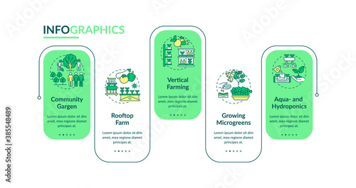 Urban farming vector infographic template. Vertical farming presentation design elements. Data visualization with 5 steps. Process timeline chart. Workflow layout with linear icons