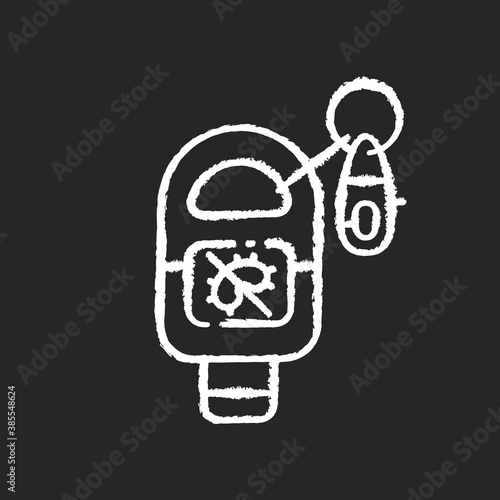 Keyring sanitizer chalk white icon on black background. Keychain holder for tube with liquid soap. Pocket wash for hand sanitation. Virus precaution. Isolated vector chalkboard illustration