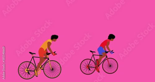 Fototapeta Naklejka Na Ścianę i Meble -  African American cyclists are riding bicycles on the pink background.Cartoon with alpha chanel, flat design