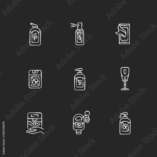 Hand sanitizers chalk white icons set on black background. Antibacterial gel. Disinfectant liquid soap in tube. Product for infection and virus prevention. Isolated vector chalkboard illustrations