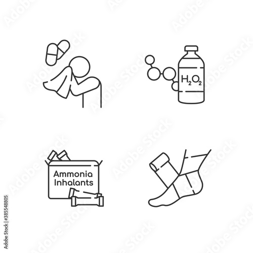 Emergency medication linear icons set. Antihistamine medication. Hydrogen peroxide. Ammonia inhalant. Customizable thin line contour symbols. Isolated vector outline illustrations. Editable stroke