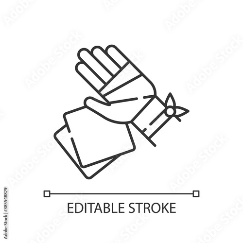 Gauze bandages and pads linear icon. Adhesive wrap for hand injury. Joint trauma aid. Thin line customizable illustration. Contour symbol. Vector isolated outline drawing. Editable stroke