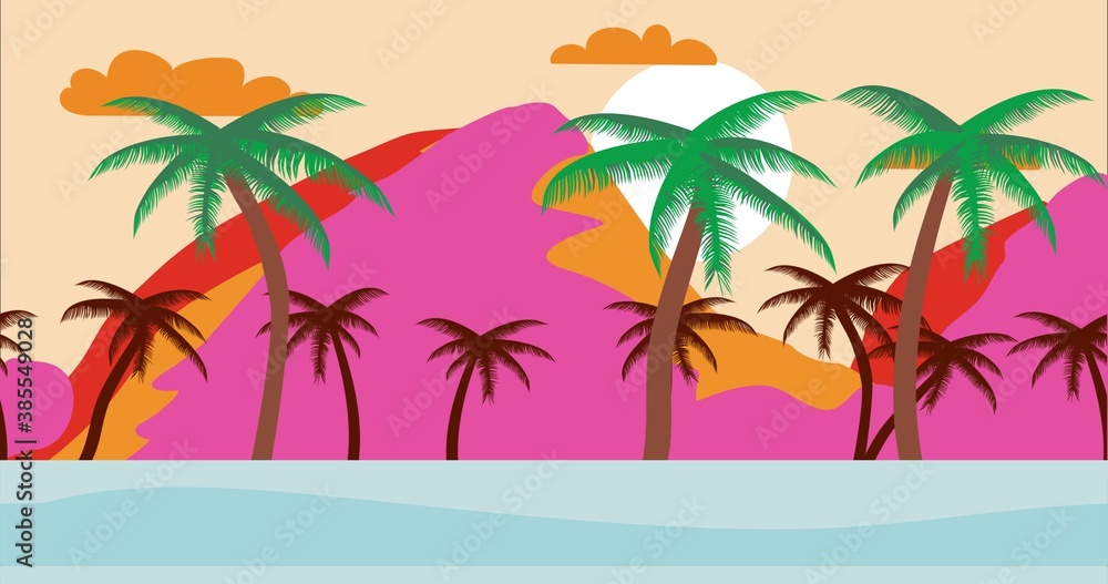 Tropical island Cartoon background during summer sunset with palms. Empty beach without people. Flat design