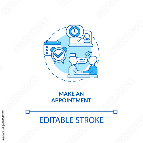 Make an appointment concept icon. Telemedical consultation steps. Planning hospital visit. Health care idea thin line illustration. Vector isolated outline RGB color drawing. Editable stroke