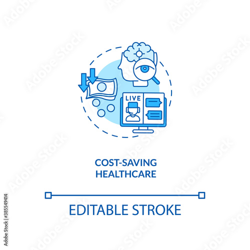 Cost saving healthcare concept icon. Telemedicine advantages. Money saving medicine technology. Future hospital idea thin line illustration. Vector isolated outline RGB color drawing. Editable stroke