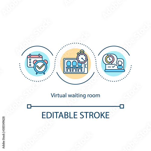 Virtual waiting room concept icon. Remote doctor office idea thin line illustration. Check-in process. Health care facility. Vector isolated outline RGB color drawing. Editable stroke