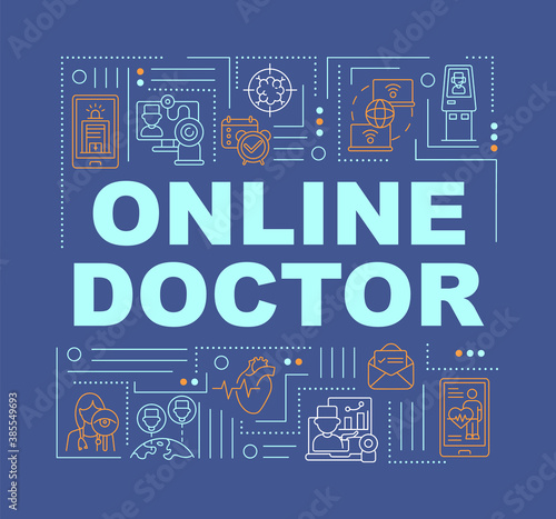 Online doctor word concepts banner. Virtual consultation. Online antibiotics prescription. Infographics with linear icons on blue background. Isolated typography. Vector outline RGB color illustration