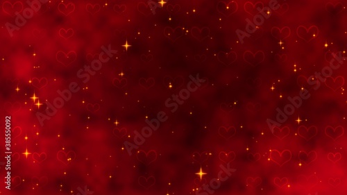 Red pattern with golden confetti, stars and red hearts. For St. Valentines Day, Wedding invitation e-card. 3D rendering 3D illustration