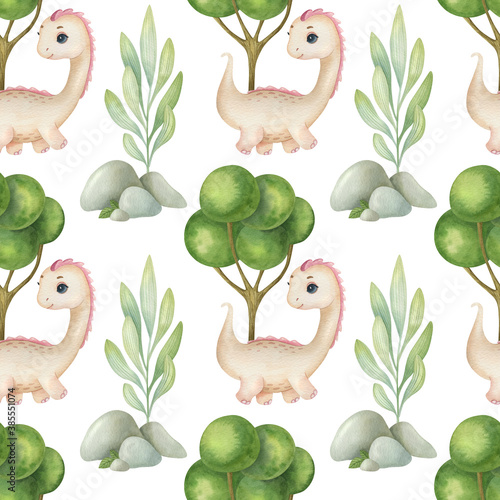 Watercolor seamless pattern with cute dinosaur  plant  rock and tree on the light background. Funny kids illustration. Ideal for children s textile  wrapping  and other designs.