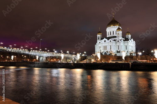 Night View Moscow Cathedral of Jesus Christ the Saviour with Patriarshiy Bridge, Russia