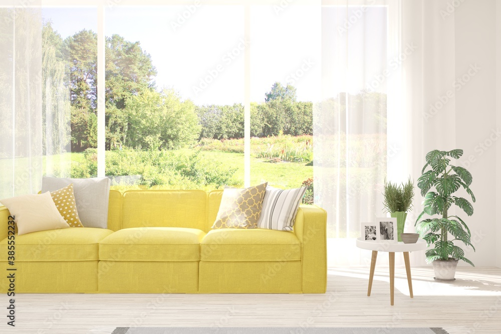 White living room with sofa and summer landscape in window. Scandinavian interior design. 3D illustration White living room with sofa and summer landscape in window. Scandinavian interior design. 3D illustration
