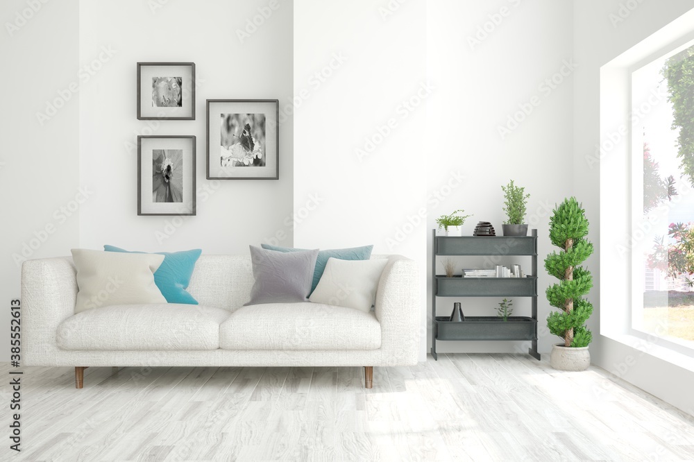 Fototapeta premium White living room with sofa. Scandinavian interior design. 3D illustration