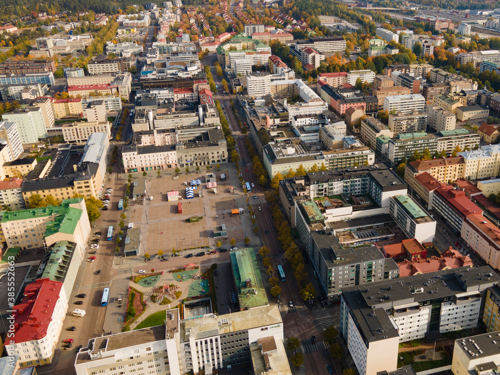 Aerial drone views from City of Lahti in southern Finland. 2020.