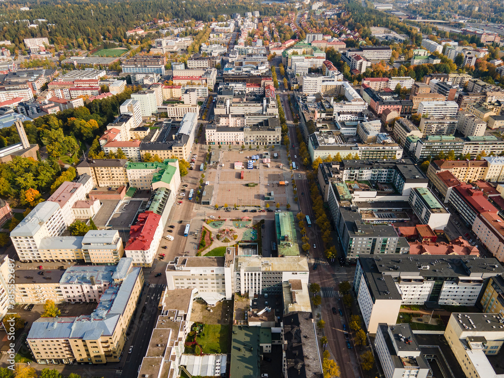 Aerial drone views from City of Lahti in southern Finland. 2020.