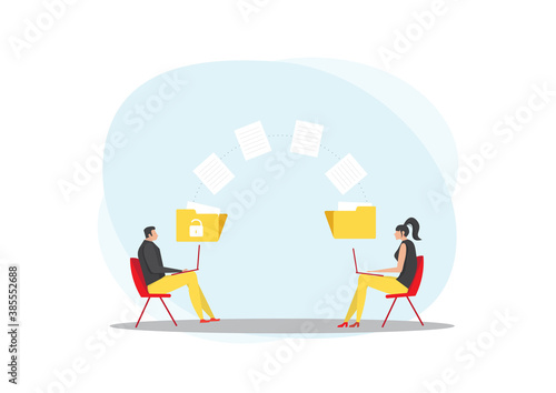 man and woman transmits folders with files. Transferred documents.