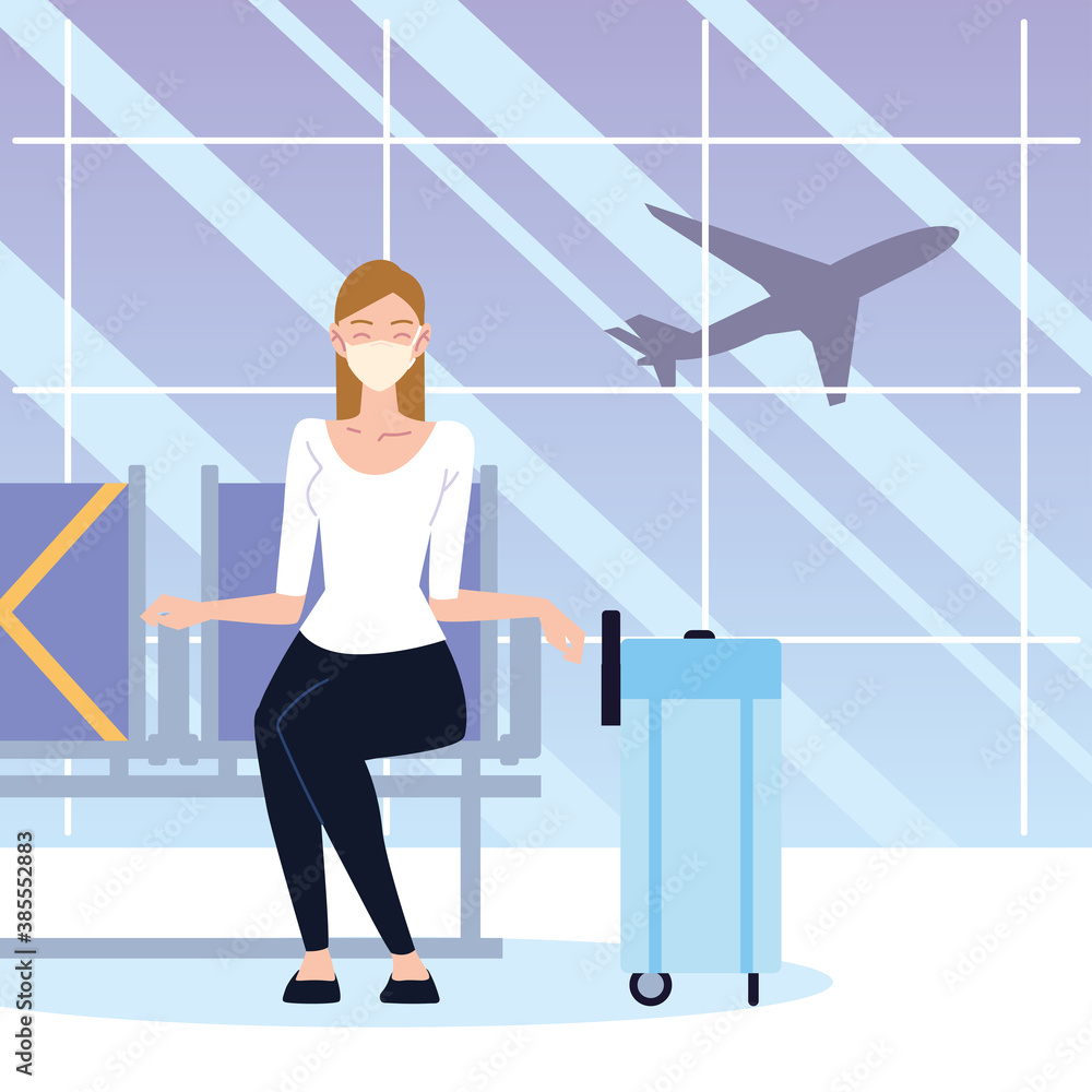 airport new normal, woman with mask and suitcase sitting waiting airport new normal, woman with mask and suitcase sitting waiting