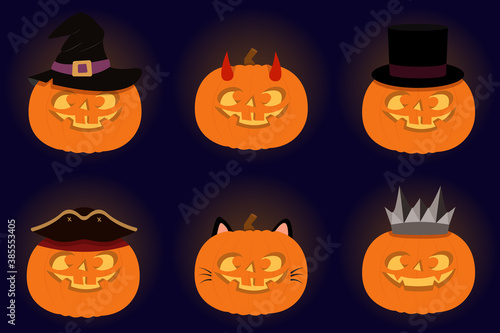 glowing pumpkins in Halloween costumes